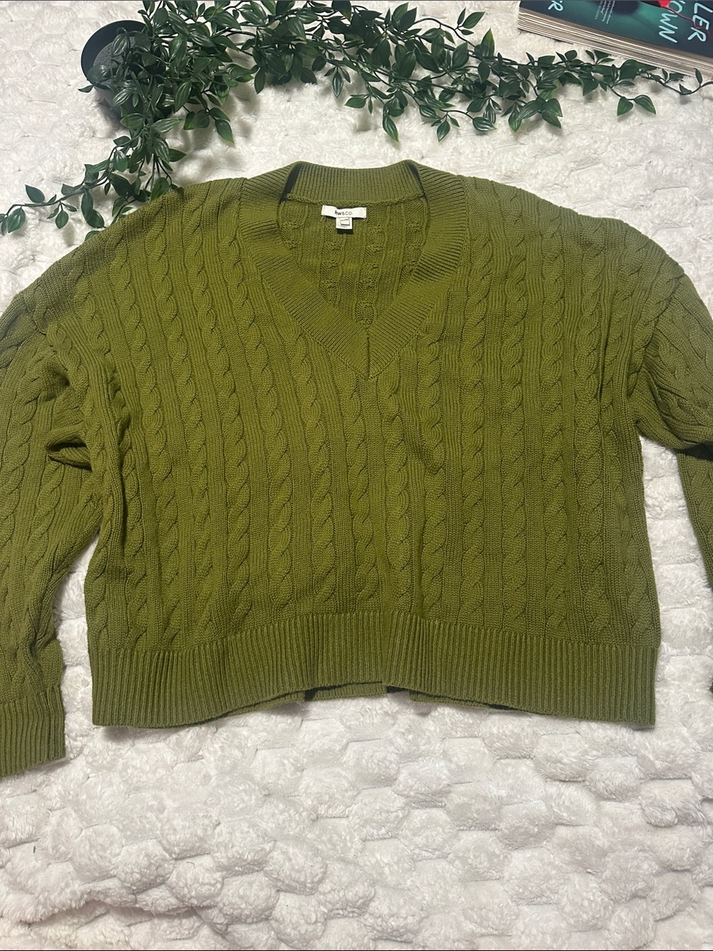 RW&CO. Olive Green Cable Knit V-Neck Sweater